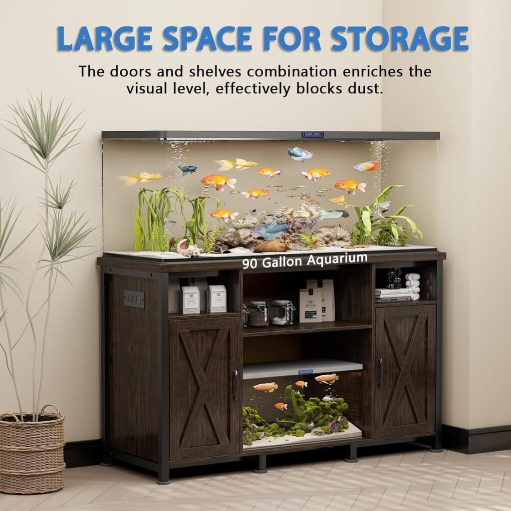 55-90 Gallon Fish Tank Stand with Power Outlets, Aquarium Stand with Cabinet, Heavy Duty Reptile Tank Turtle Terrariums Table for Fish Tank Accessories Storage, 52 L x 19.7 W, 1000LBS Capacity