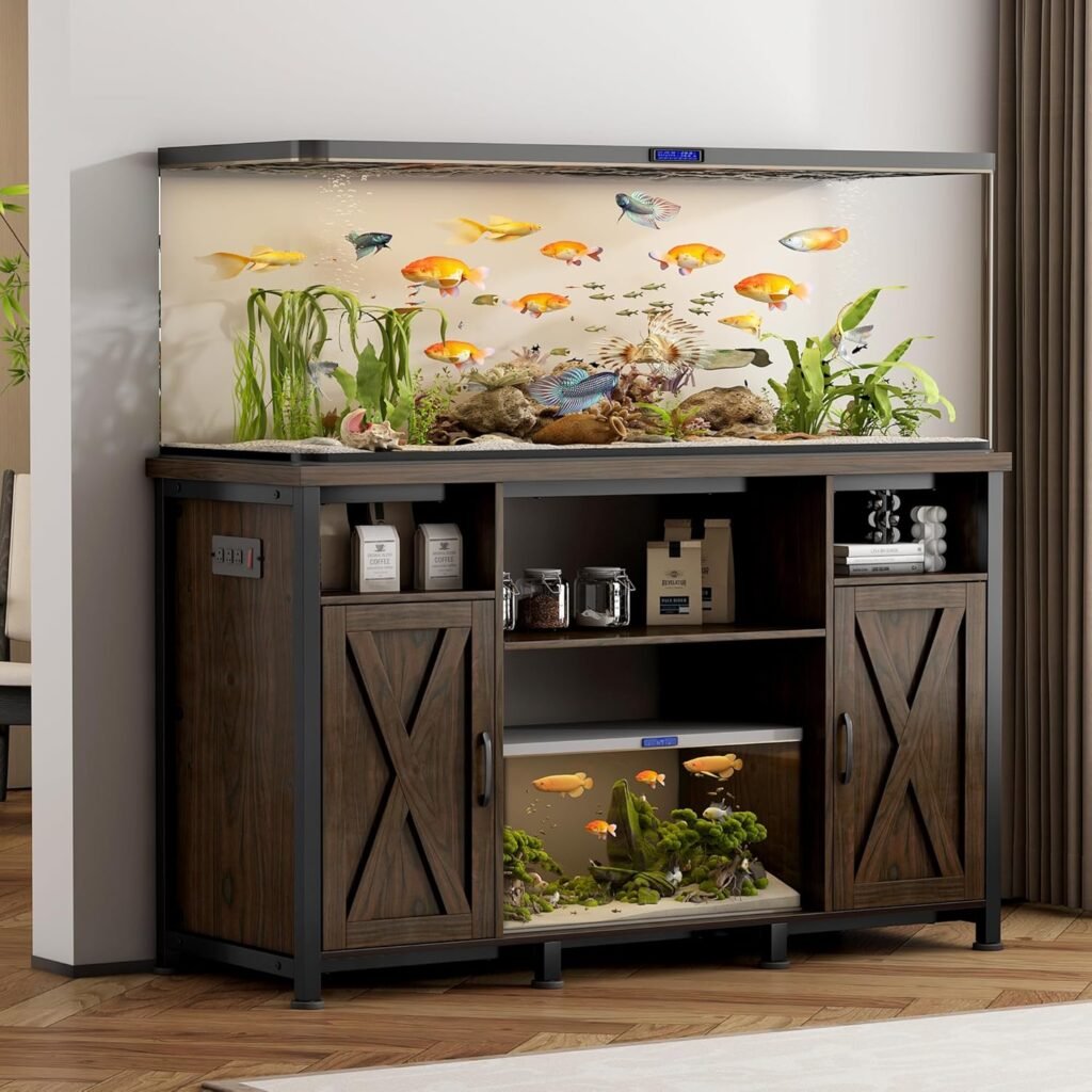 55-90 Gallon Fish Tank Stand with Power Outlets, Aquarium Stand with Cabinet, Heavy Duty Reptile Tank Turtle Terrariums Table for Fish Tank Accessories Storage, 52 L x 19.7 W, 1000LBS Capacity