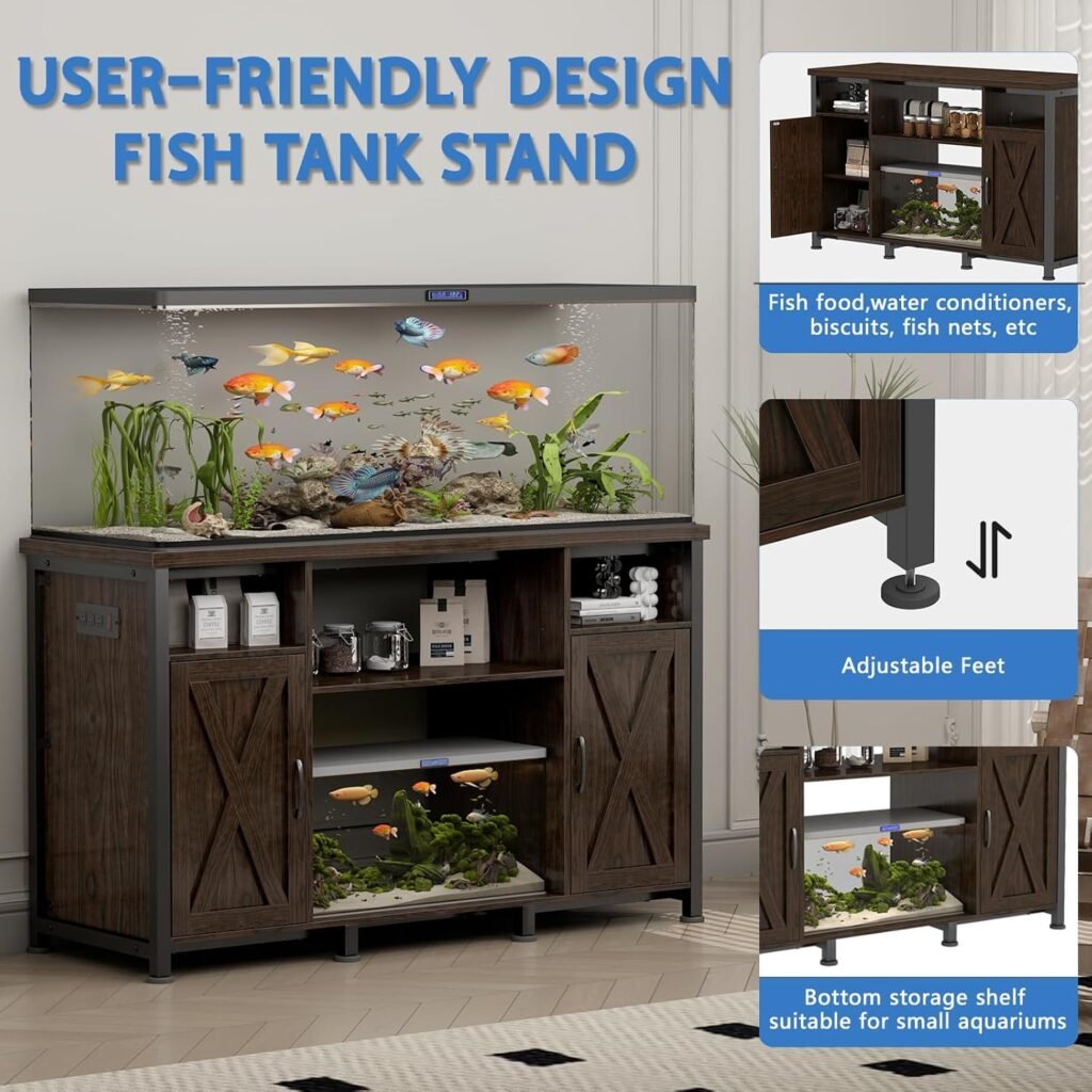 55-90 Gallon Fish Tank Stand with Power Outlets, Aquarium Stand with Cabinet, Heavy Duty Reptile Tank Turtle Terrariums Table for Fish Tank Accessories Storage, 52 L x 19.7 W, 1000LBS Capacity