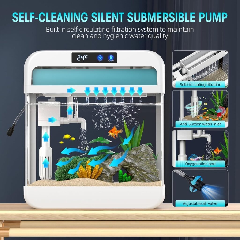 Fish Tank Aquarium 2.2 Gallon with Adjustable 3 Color Lighting Self Cleaning 3 in 1 Pump with Filteration, Oxygenation, Water Circulation Triple Function, HD Float Glass, Leak-Proof Thickened Base