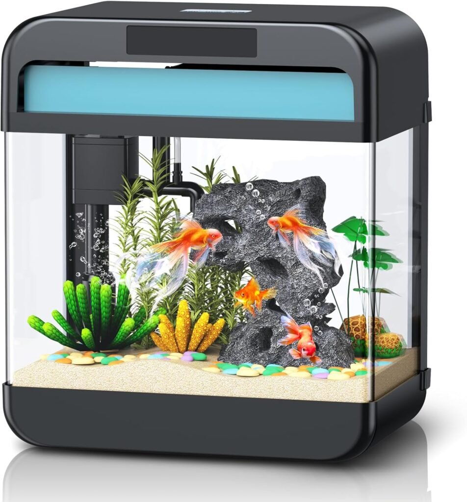 Fish Tank Aquarium 2.2 Gallon with Adjustable 3 Color Lighting Self Cleaning 3 in 1 Pump with Filteration, Oxygenation, Water Circulation Triple Function, HD Float Glass, Leak-Proof Thickened Base