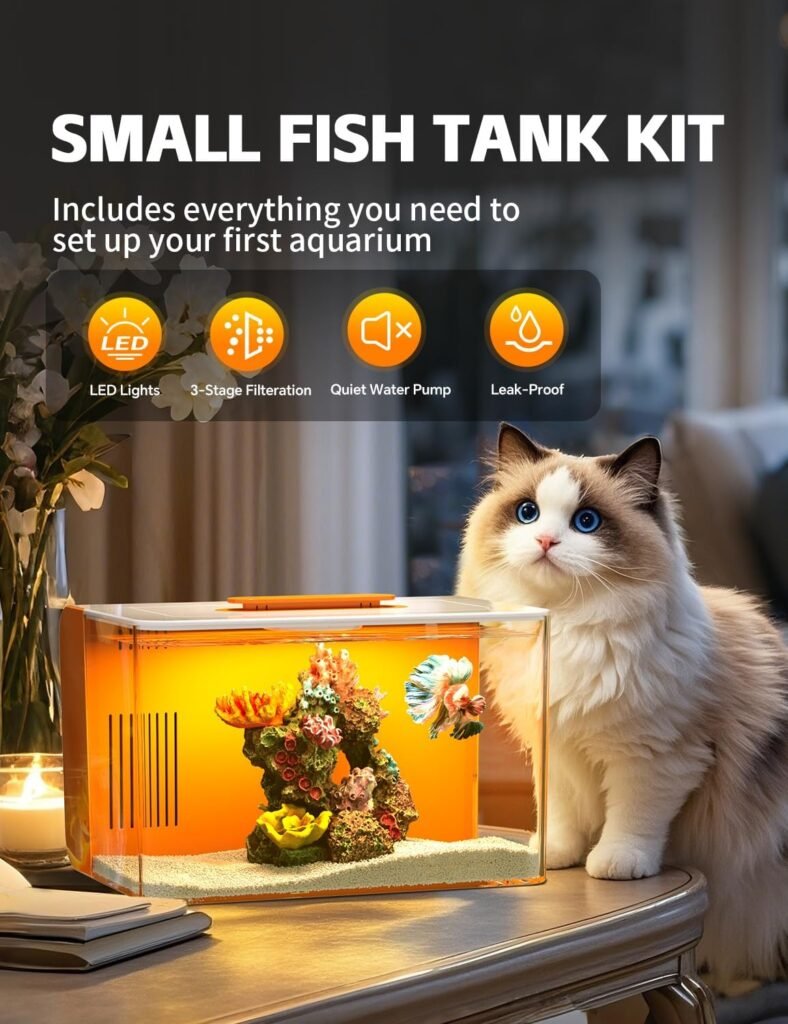 Betta Fish Tank Small Aquarium with 3 Stage Filtration, Light, Self Cleaning, 2.5 Gallon Beta Tank Starter Kit for Goldfish, Shrimp, Guppy, Jellyfish